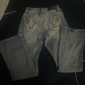 Flare Leg Denim Jeans with gem horseshoe design back pockets